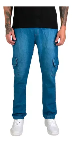 Cala Cargo Masculina Sarja Brim Jeans Slim Bolso Lateral