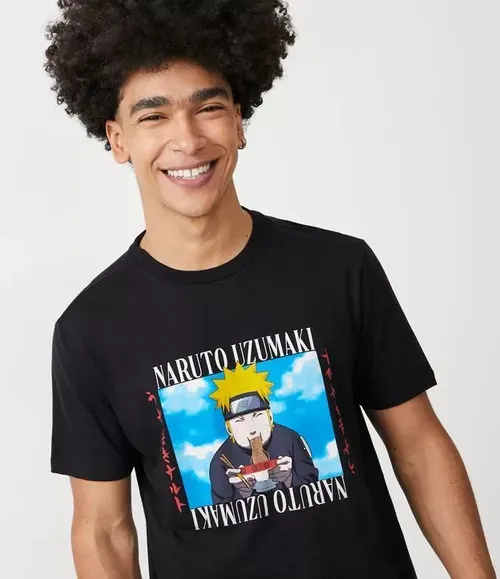 Camiseta Regular Em Algodo Com Estampa Naruto Comilo Preto