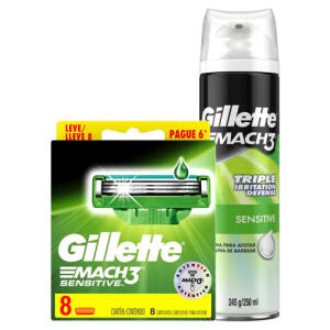 Kit Gillette Carga Mach3 Sensitive 8 Un.+ Espuma De Barbear 245g | R$ 43