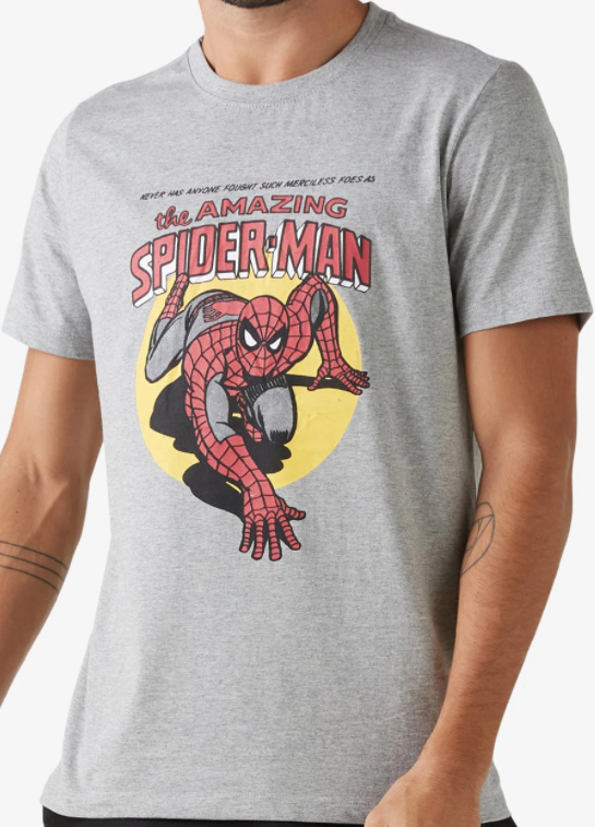 Camiseta Masculina Manga Curta The Amazing Spiderman Cinza Mescla