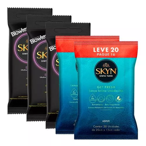 Kit Preservativo Blowtex Skyn Elite 3 Pacotes + Lenço Íntimo Umedecido Skyn Get Fresh 2 Pacotes