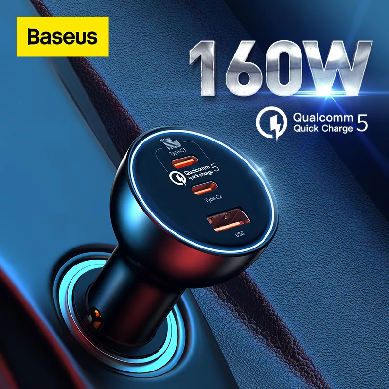 Carregador Automotivo Baseus 160w Car Charger Qc 5.0 Fast Charging For Iphone 13 12 Pro Laptops
