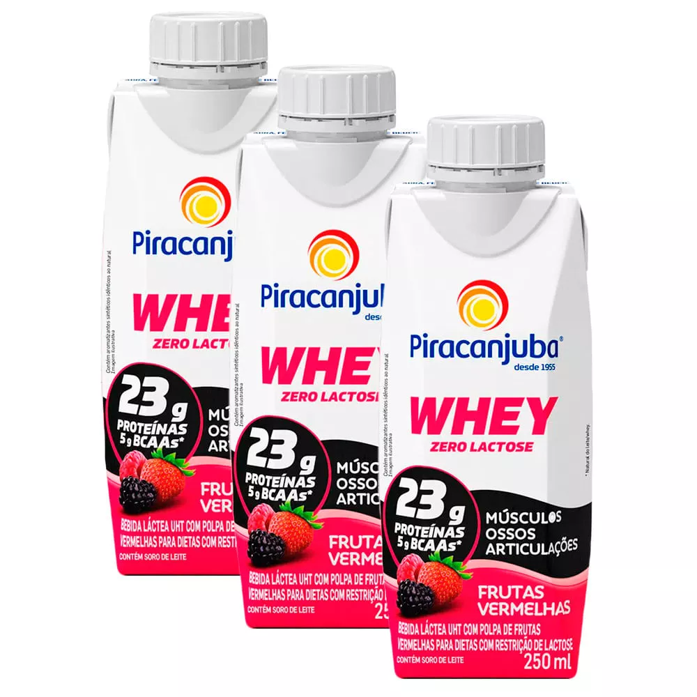 Bebida Láctea Piracanjuba Whey Zero Lactose Frutas Vermelhas 250ml | Kit Com Três Unidades