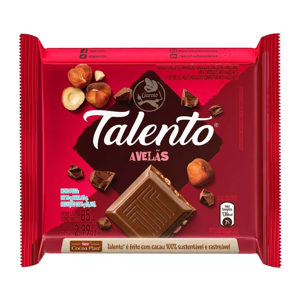 [10 Unid.] Chocolate Talento Ao Leite Com Avelãs 85g