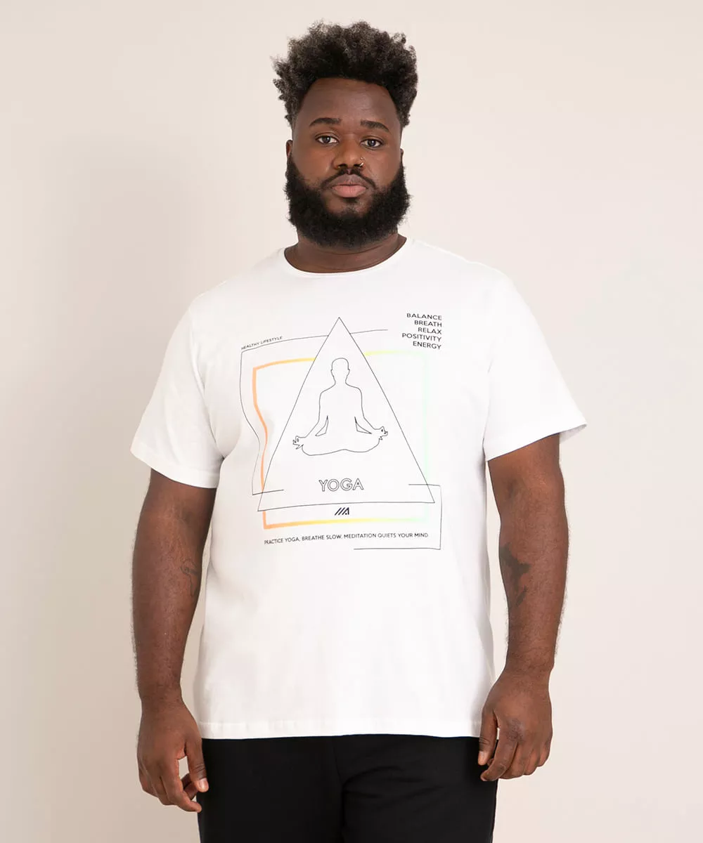 Camiseta Plus Size Gola Careca Manga Curta Estampado Yoga Esportivo Ace Off White