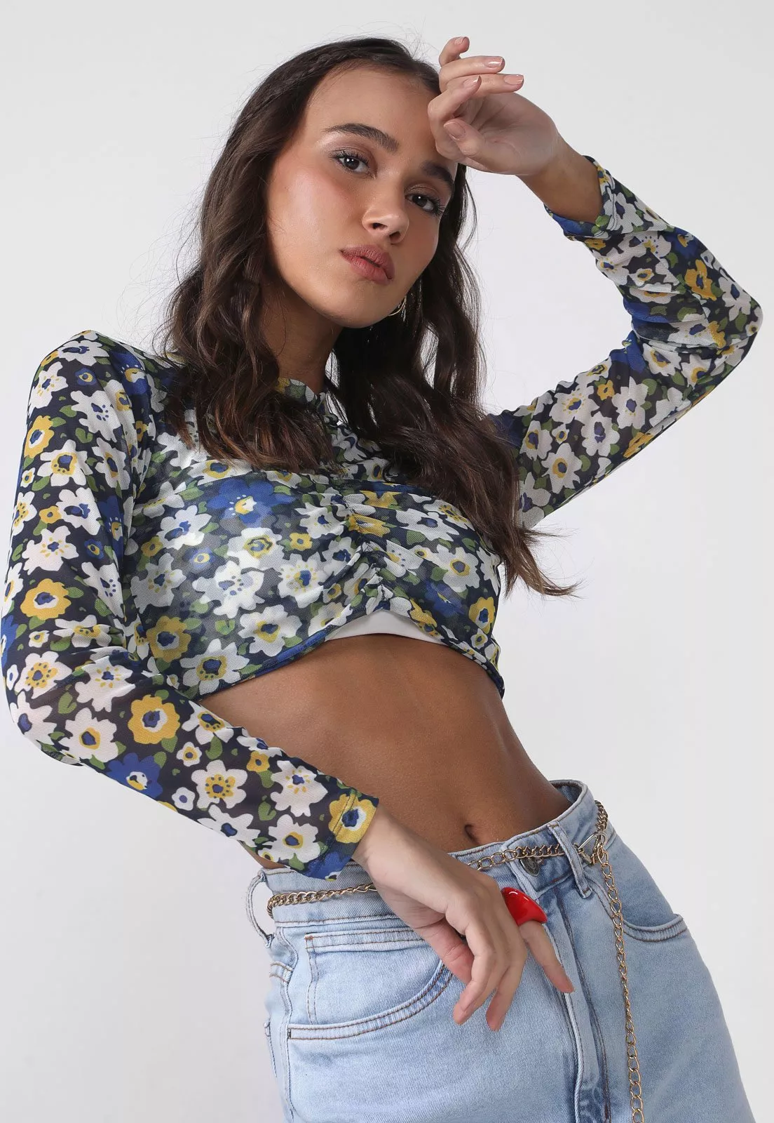 Blusa Cropped Forever 21 Floral Azul-mari