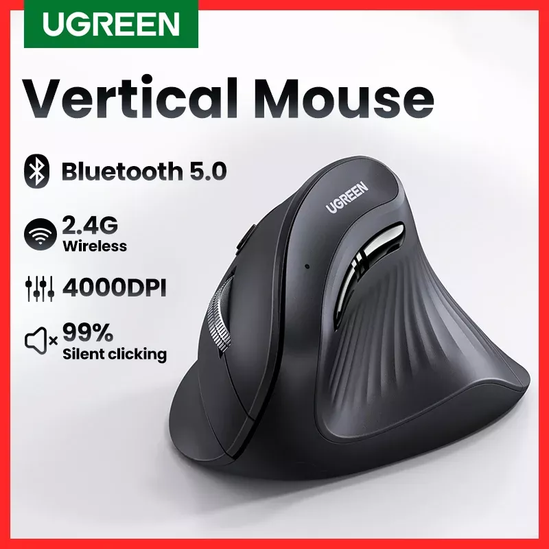 Ugreen Mouse Vertical Sem Fio, Bluetooth 5.0, 2.4g, Ergonmico 4000dpi, 6 Botes Mudo