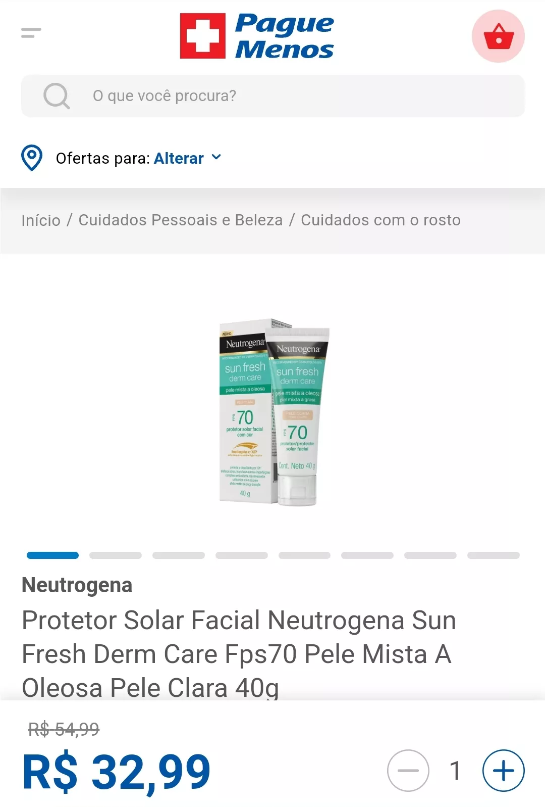 Protetor Solar Facial Neutrogena Sun Fresh Derm Care Fps70 Pele Mista A Oleosa Pele Clara 40g