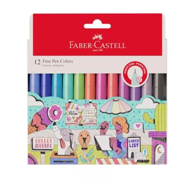 Caneta Ponta Fina, Faber-castell, Fine Pen Colors, 12 Cores