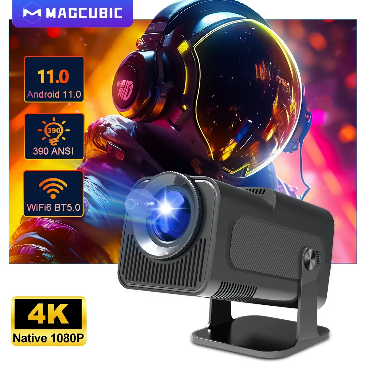 Magcubic - Projetor De Cinema Porttil, 4k, Android 11, 1080p Nativo, 390ansi, Hy320, Dual Wifi6, Bt5.0, 1920*1080p