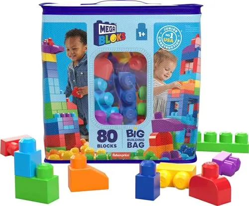 Mega Bloks, Kit Com Sacola Azul E 80 Blocos De Montar, Brinquedo De Construo, Pr-escola, A Partir De 1 Ano