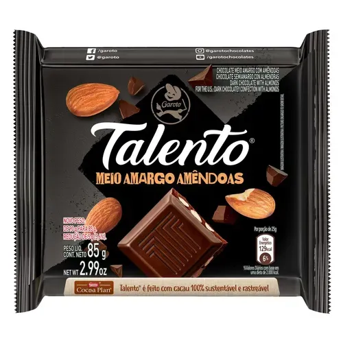 Chocolate Meio Amargo Com Amndoas Garoto Talento Pacote 85g (leve 3)