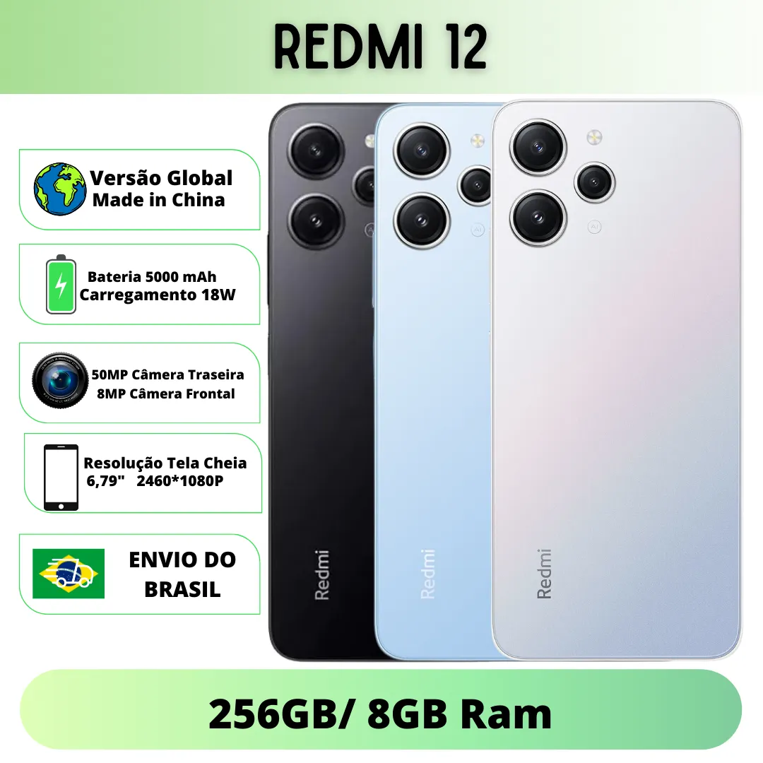 Smartphone Xiaomi Redmi 12 256gb 8gb 4g Cmera 18mp Carregador 18w Verso Global