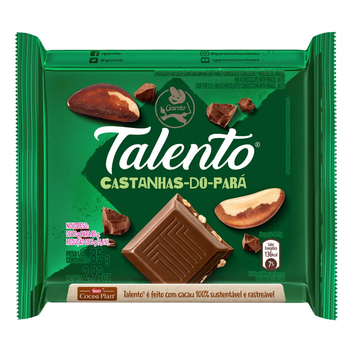 Chocolate Garoto Talento Ao Leite Com Castanha Do Par 85g