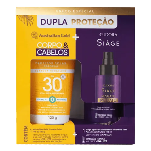 Kit Protetor Solar Corporal Australian Gold Fps 30 120g + Leave-in Capilar Eudora Sige Resgate Imediato 100ml