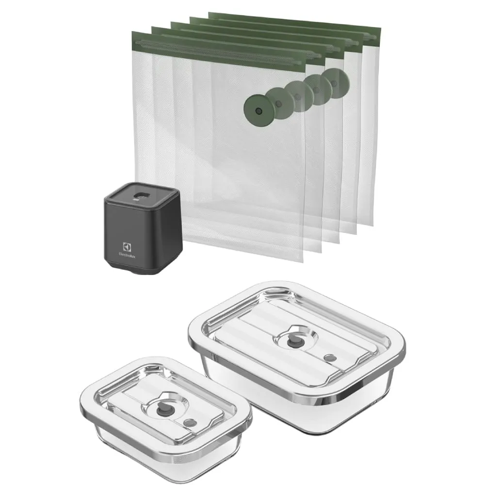 Kit Seladora A Vácuo Portátil Com 5 Sacos Herméticos + Potes Herméticos De Vidro Para Fechamento A Vácuo 02 Unidades Electrolux