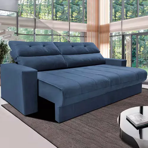 Sof 3 Lugares Cama Inbox Clean Com Assento Retrtil E Encosto Reclinvel Em Tecido Velusoft - 190cm De Largura - Clean Azul