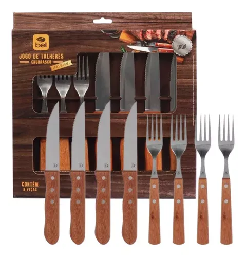 Kit Para Churrasco Inox Cabo De Madeira Premium 8 Peas