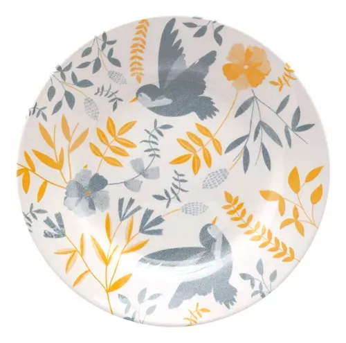 Jogo 6 Prato De Sobremesa 18 Cm Bem Te Vi Bionna Cor Cinza, Amarelo E Off White Florido Pssaros