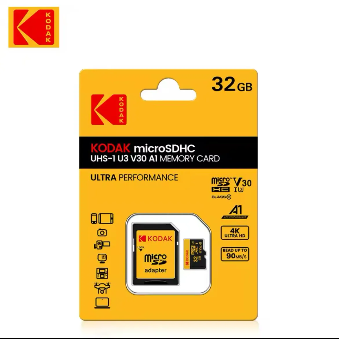 [taxa Inclusa] Carto De Memria Kodak Micro Sd 32gb, Adaptador De Leitor De Carto Tf, 4k Hd, At 90 Mb/s, Classe 10, U3