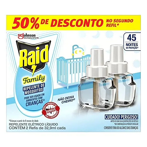 Raid Repelente Eletrico Lquido Family Refil, At 45 Noites De Proteo, 2 Unidades De 32,9ml