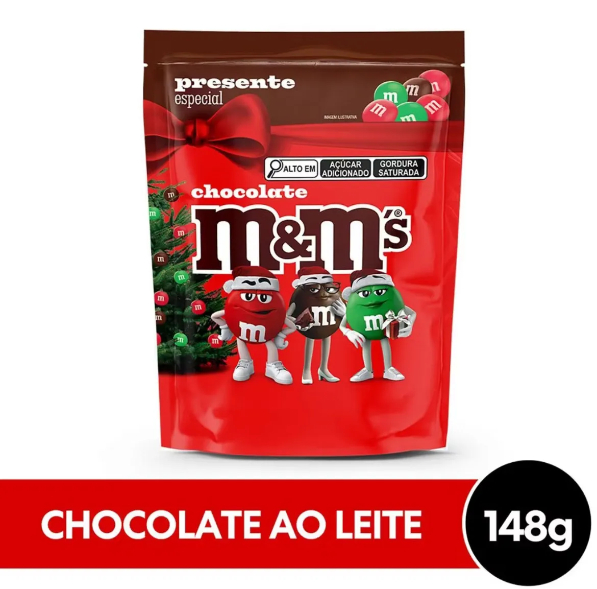 Chocolate M&m's Ao Leite Natal Vermelho Verde E Marrom 148g