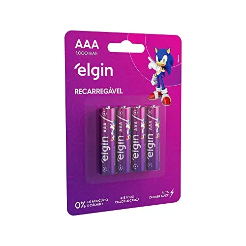 [+por- R$ 23,40] Pilha Recarregvel Aaa 1000mah Elgin Com 4 Unidades Palito