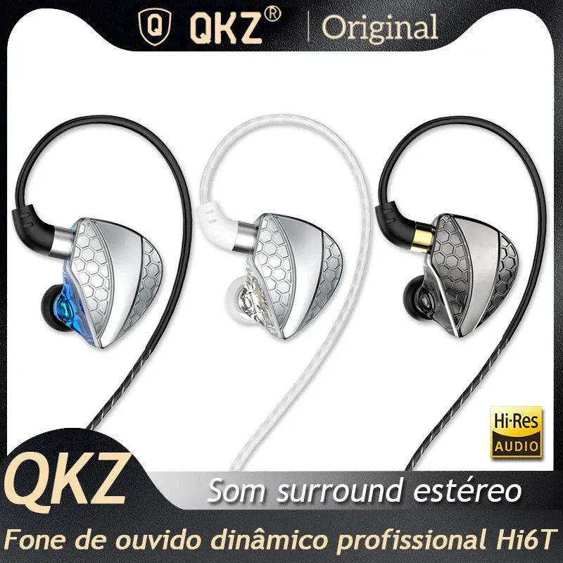 [r$10,80 Moedas/ Br] Fone De Ouvido Qkz-hi6t Hifi, Driver Dinmico, Iem Stereo Surround Msica, Hi-res Com Microfone, In-ear
