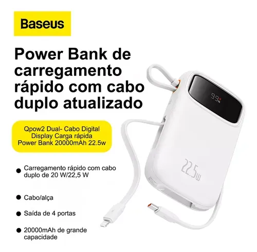 Power Bank Baseus 20000mah 22.5w Display Digital Turbo Cor Branco