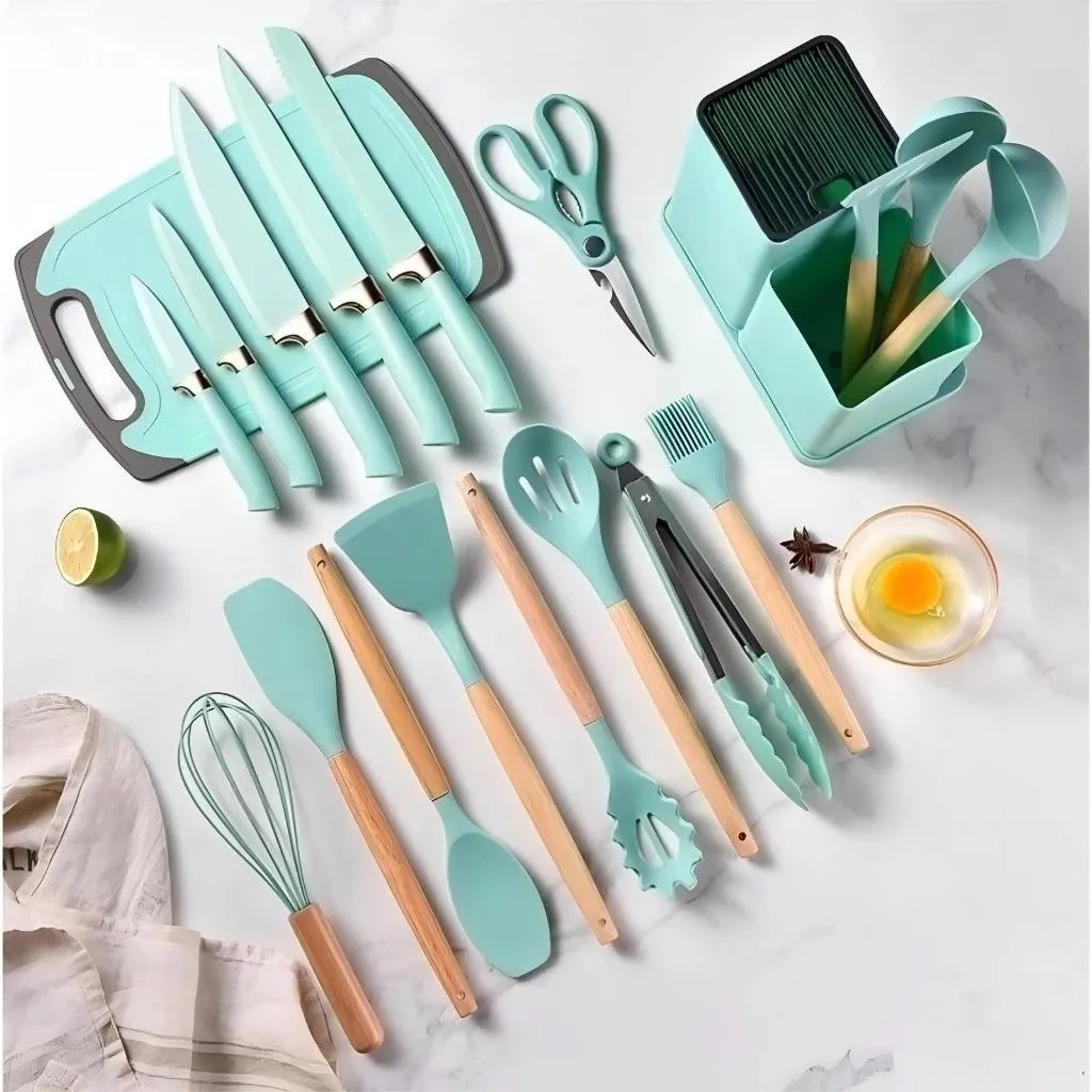 Conjunto 19 Ps De Utenslios Facas Silicone E Plstico Cozinha Jogo Completo Batedeira Colher Pegador